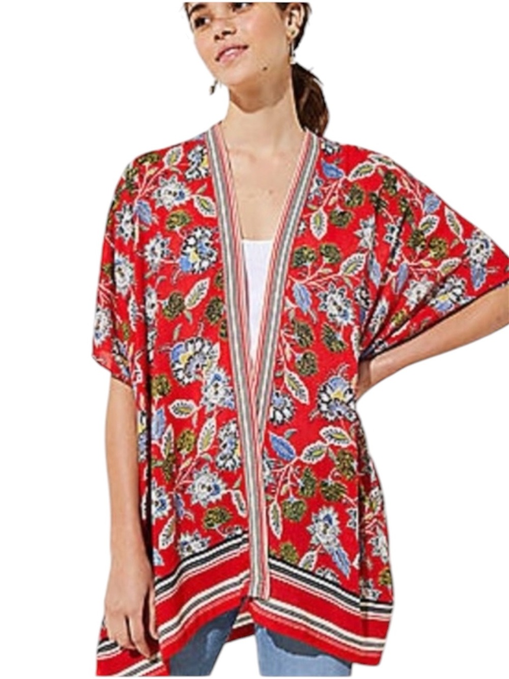 LOFT Red Floral Border Print Open Front Kimono Ruana XS/S Lightweight